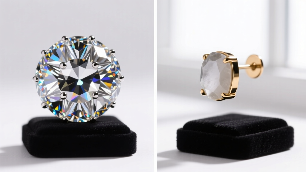 Comparison showing crisp foil-backed crystal pavé of genuine orb versus cloudy glued stones of a replica brass earring.