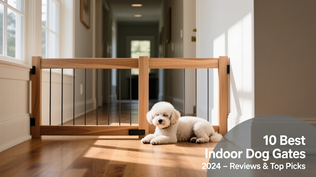 A sleek, freestanding wooden dog gate positioned across a wide hallway, with a small dog calmly resting nearby