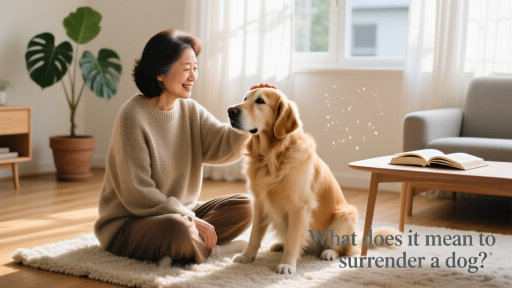 A person smiling while gently petting their dog during a quiet moment at home