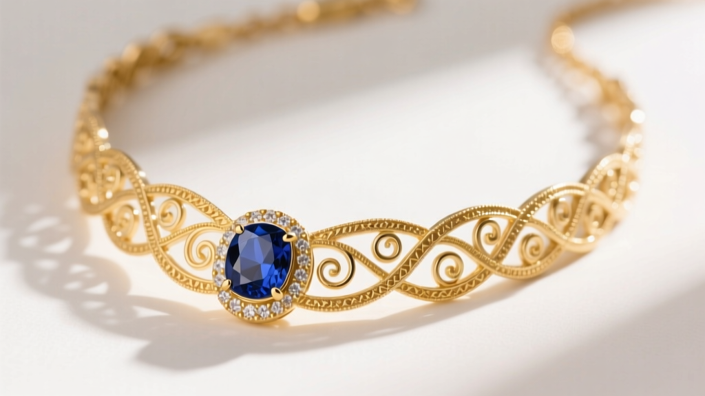 Macro photo of 18k yellow gold Venetzia fine jewelry necklace with intricate filigree and a central bezel-set sapphire gemstone