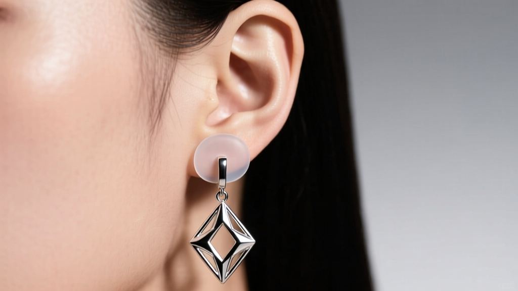 Close-up of an earlobe wearing a heavy drop earring supported by a clear silicone patch to prevent tissue stretching and damage.