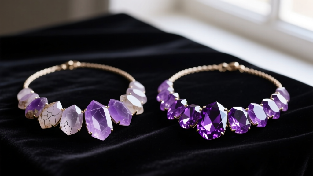 Faded and vibrant amethyst crystal purple necklace side-by-side on dark velvet, highlighting severe color loss and gem restoration.