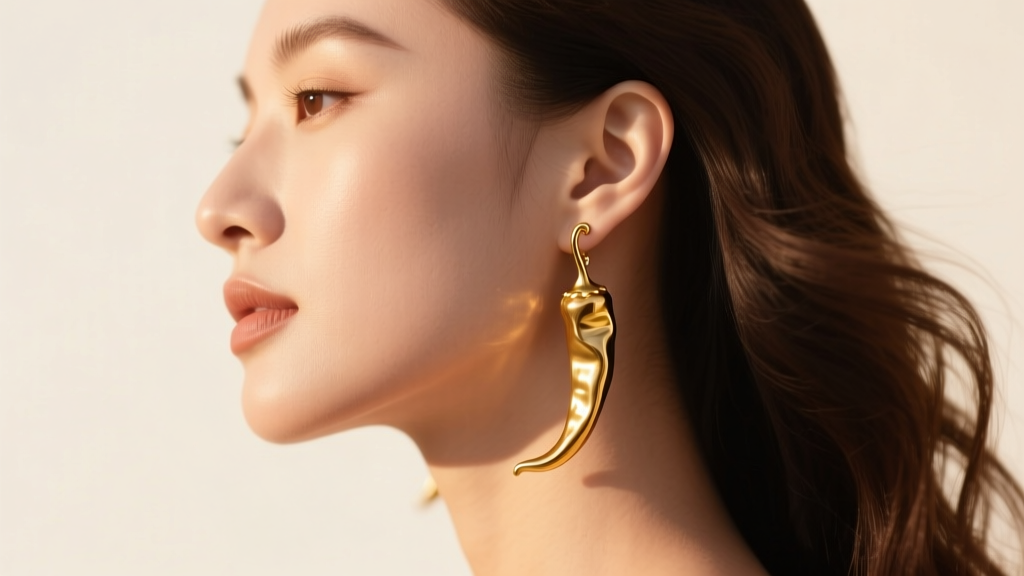 Side profile of a woman wearing long articulated 18k gold chili pepper drop earrings grazing her jawline in warm sunlight