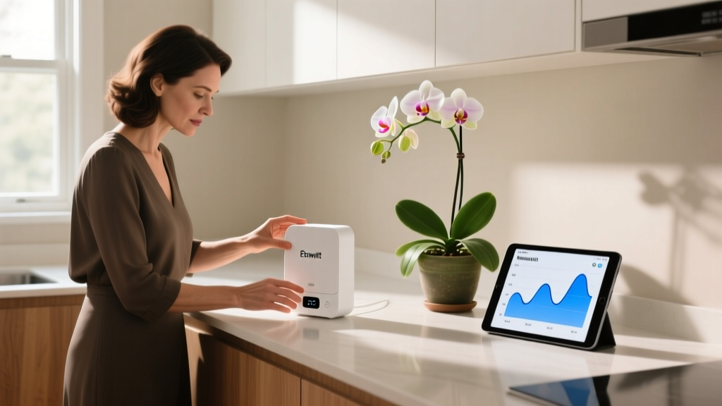 Woman adjusting a white Ecowitt Wi-Fi gateway on a kitchen counter next to a potted orchid and an Android tablet showing humidity graphs.