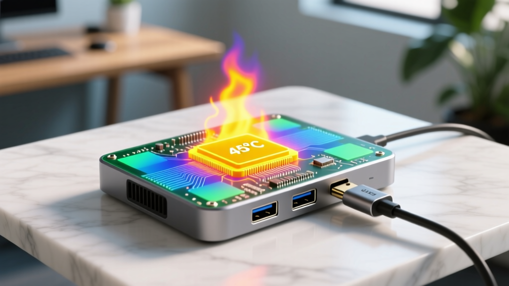 Thermal camera overlay showing a budget USB-C docking station under heavy load, with the hottest chip highlighted in bright yellow at 45 degrees Celsius.