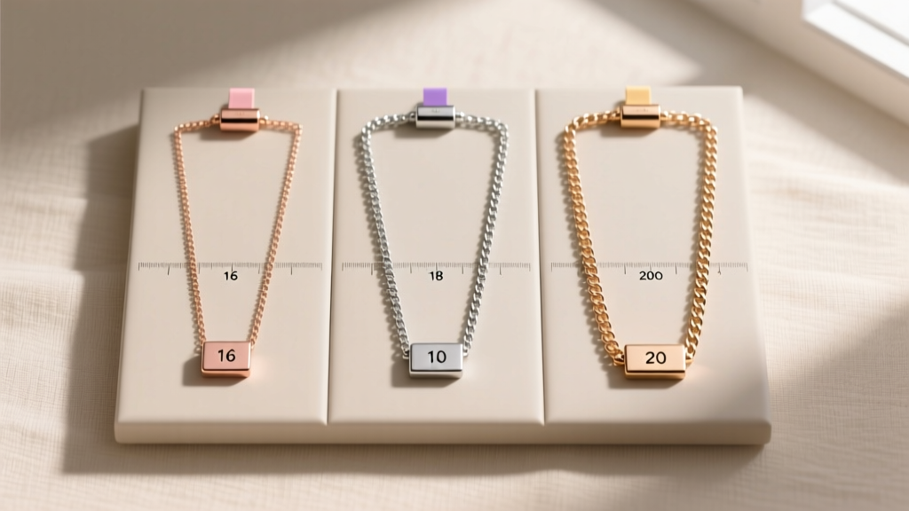 Flat lay diagram showing three chain lengths, 16, 18, and 20 inches, alongside a magnetic three way friendship necklace set