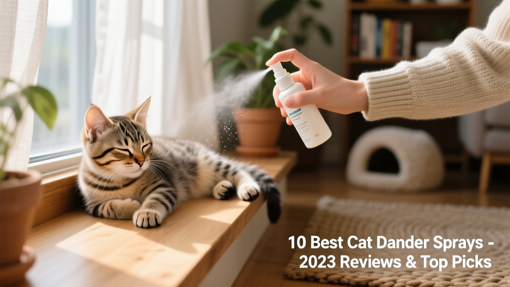 Kitten resting calmly while a caregiver applies a soothing dander relief spray