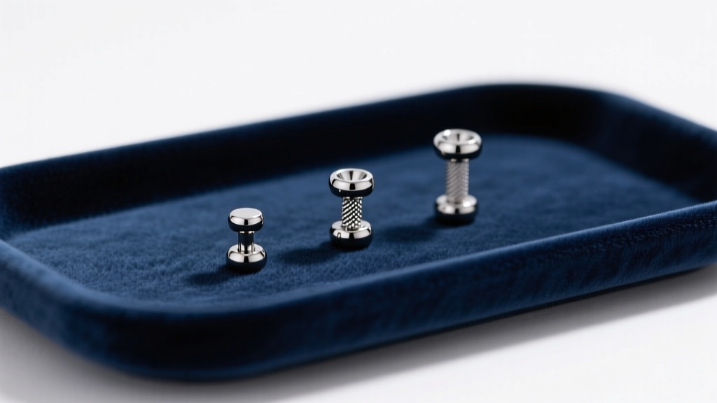 Velvet tray showing three 16-gauge titanium tragus labret posts in 6mm, 7mm, and 8mm lengths under soft directional studio lighting.