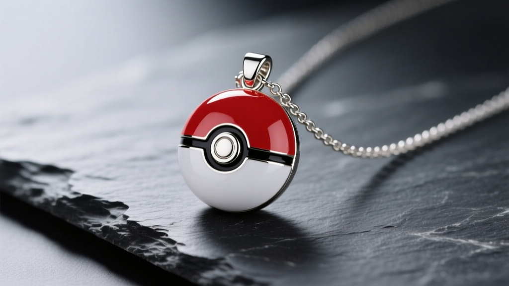 A red and white enamel pokeball necklace on dark slate, showing the metallic center button and silver bail under soft lighting.