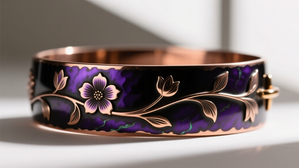 Side view of a Japanese Shakudo copper-gold alloy choker clasp with a deep purple-black patina and hand-carved floral details.