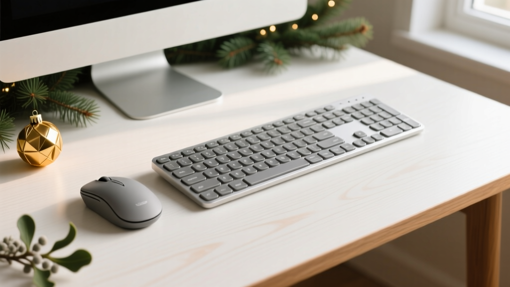 A side-by-side comparison of a standard office mouse and a high-end ergonomic split keyboard on a minimalist holiday-themed desk.