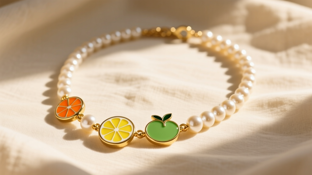 Flat lay of a gold-tone Kate Spade Lady Marmalade pearl necklace with citrus enamel charms on cream linen in warm sunlight