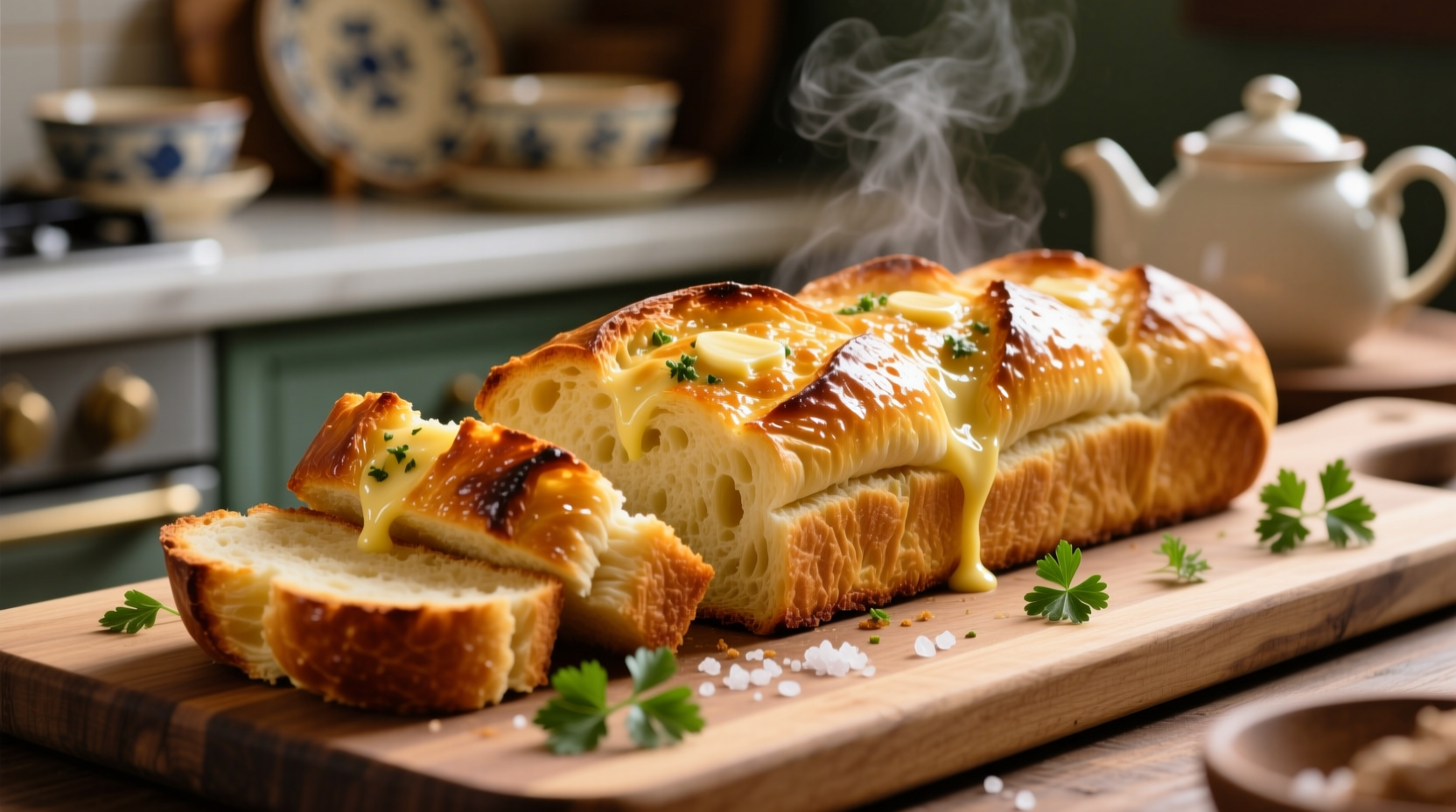 Perfectly golden garlic bread with visible garlic butter infusion