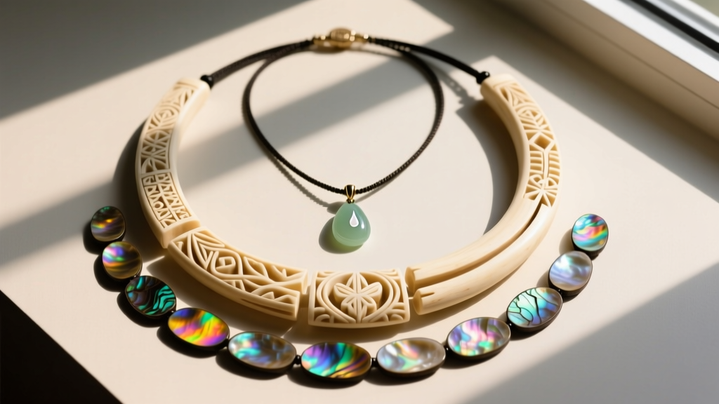 Overhead flat lay of layered New Zealand necklaces featuring bone carving, paua shell inlay, and a small roimata jade drop