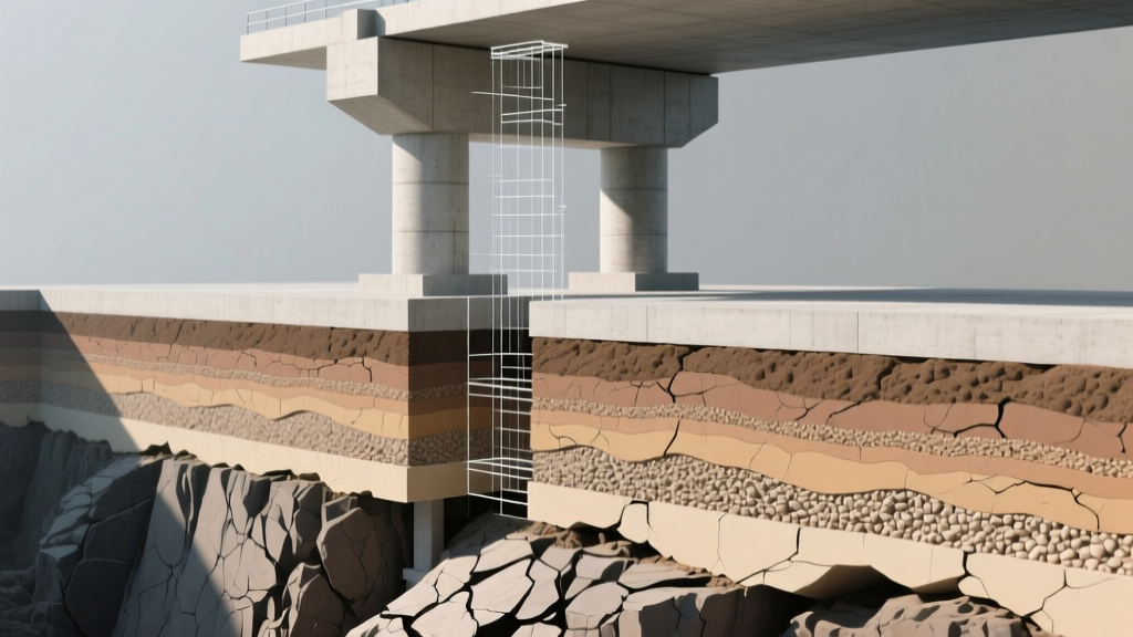 Cross-section architectural blueprint showing load distribution from a concrete pier foundation into layered bedrock and compacted soil
