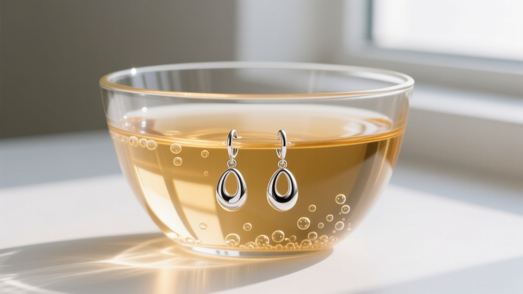 Clear glass bowl lined with foil and warm water, sterling silver drop earrings submerged, showing a slight chemical bubbling action.