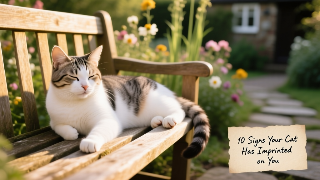 a relaxed white and gray tabby cat lying peacefully on a sunlit wooden bench in a garden