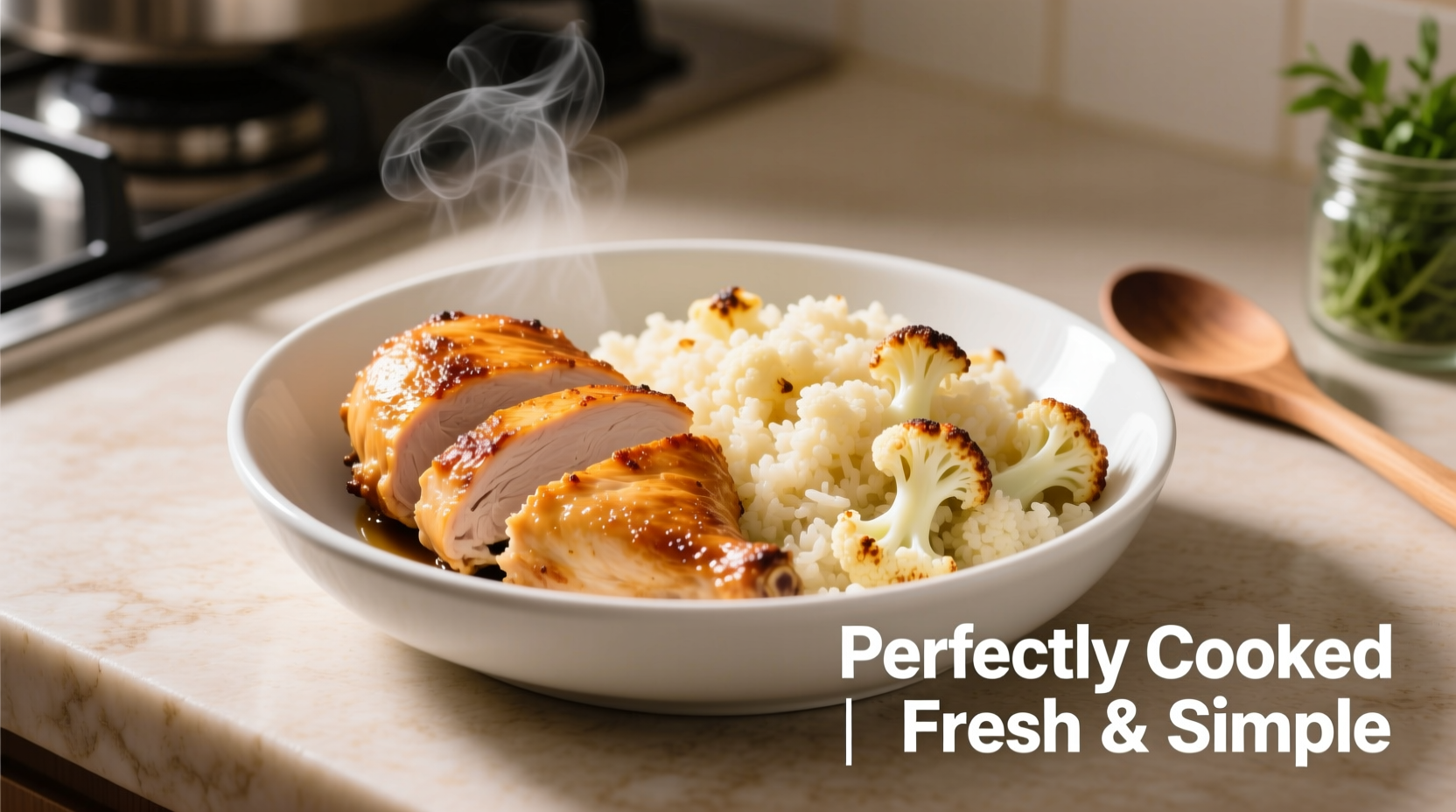 Perfectly cooked chicken and cauliflower rice in white bowl