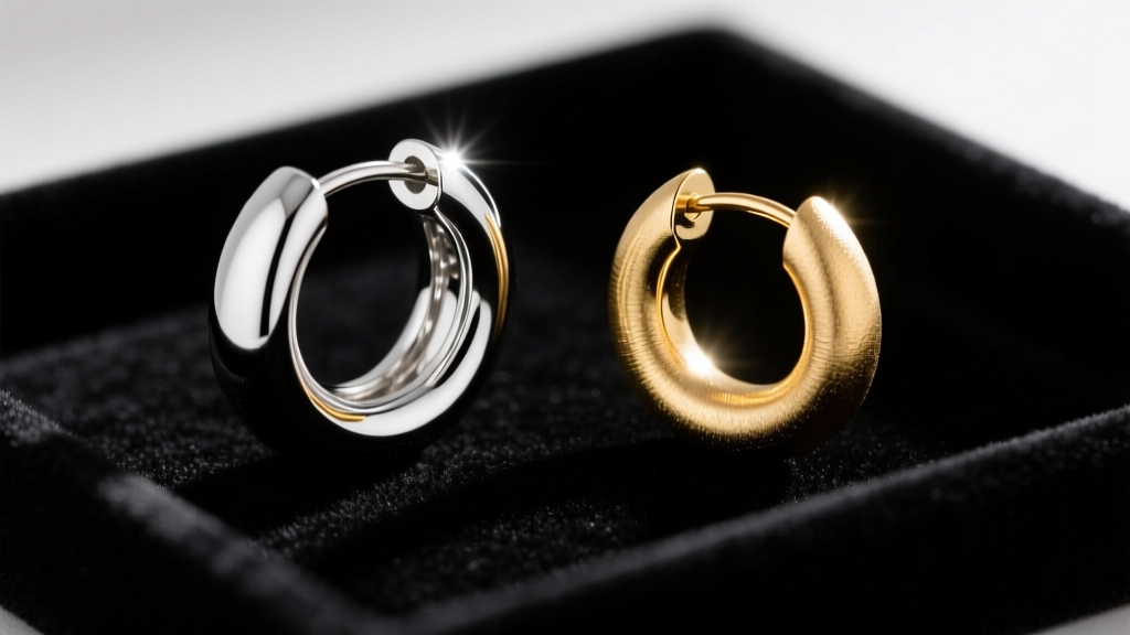 Macro shot of a polished silver hoop reflecting harsh flash next to a brushed gold huggie absorbing light on a dark velvet tray.