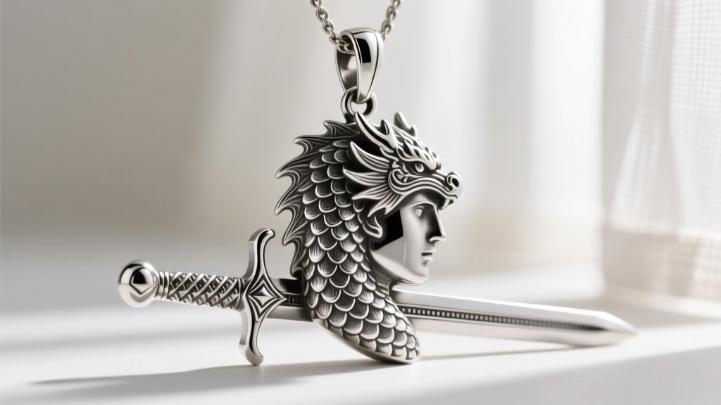 Side profile of a sterling silver St. Michael pendant showing deep 3D high-relief carving of dragon scales and a sword hilt