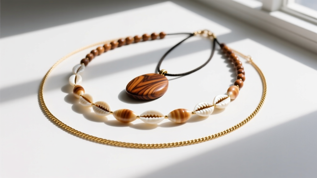 Overhead flat lay of three layered necklaces: a 2mm gold rope chain, a mid-length puka shell strand, and a long koa wood pendant.