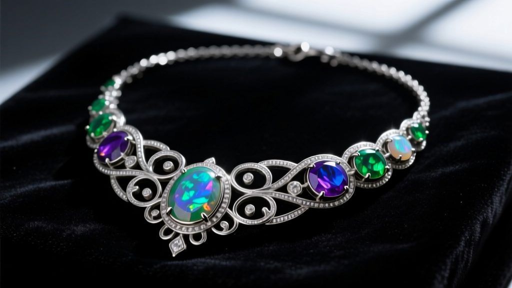 Silver Noble Collection cursed opal necklace on dark velvet, displaying intricate filigree and iridescent stones under moody lighting.