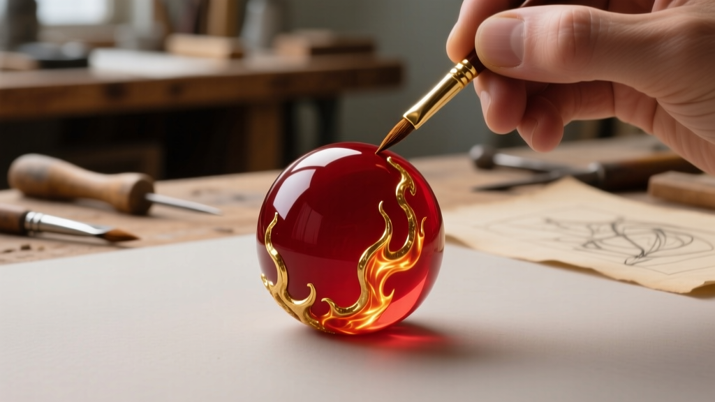 Crafter using a fine brush to apply gold dry-brush highlights to the edges of a spherical red resin bead for a fantasy prop