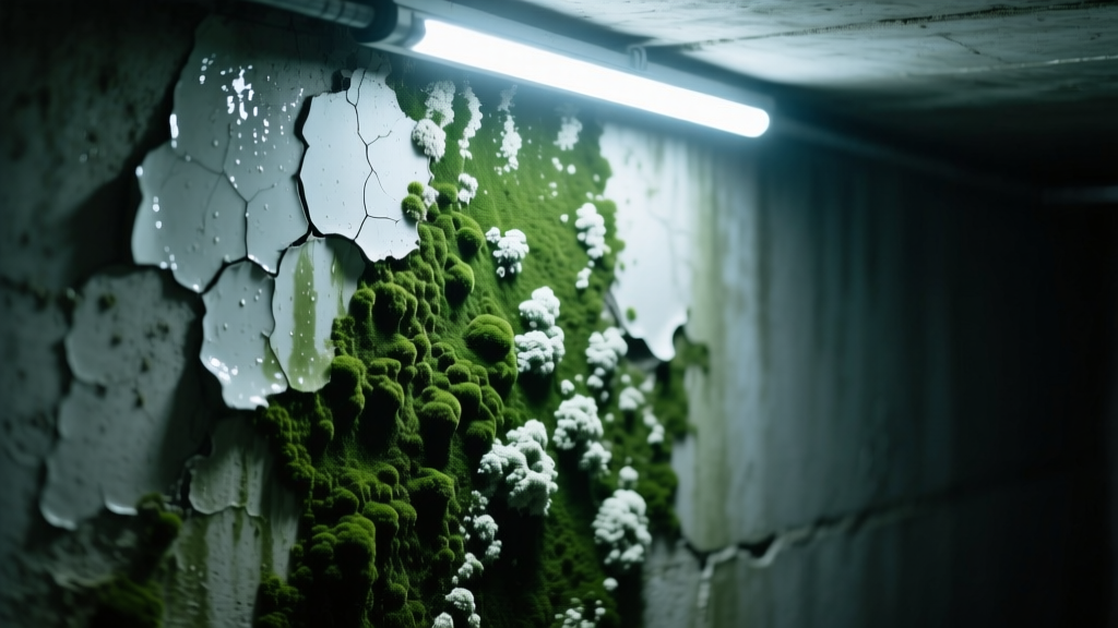 Dark green mold and white mildew growing on a damp unsealed concrete basement wall illuminated by a bright LED work light