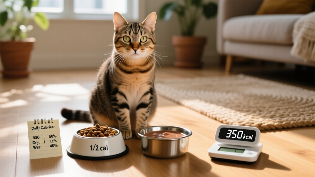 A healthy adult cat sitting beside two bowls—one with dry kibble, one with wet food—highlighting portion control and balanced nutrition