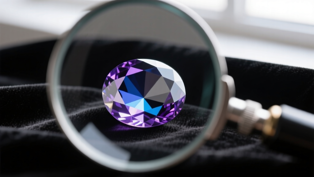 Close-up of iolite examined with a loupe, revealing clarity and trichroic color zoning of fine cordierite gems on dark velvet.