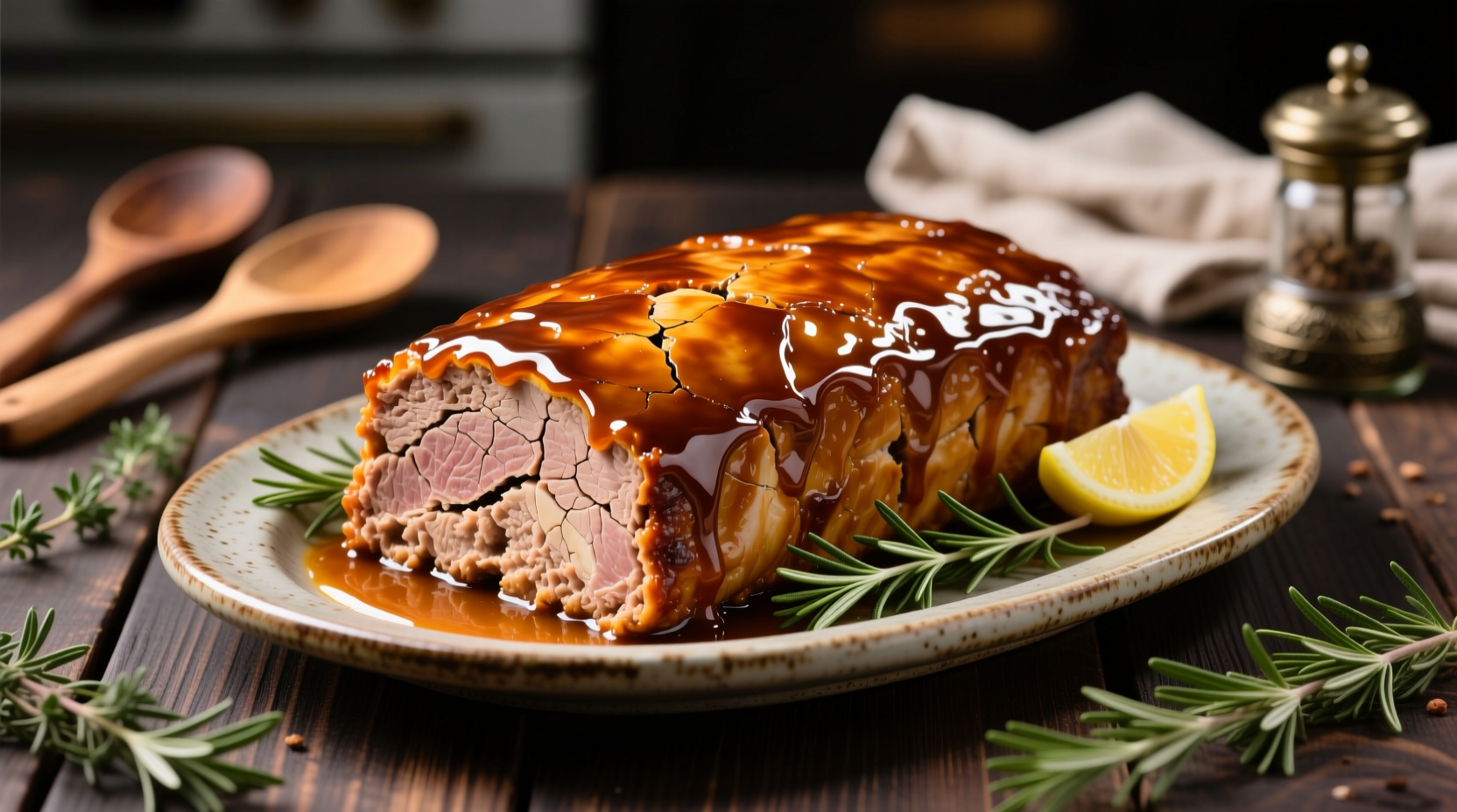 Juicy turkey meatloaf with glossy glaze on platter