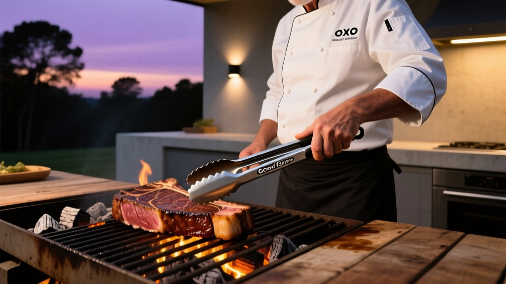 Grill master using 16-inch OXO Good Grips stainless steel tongs to flip a thick ribeye steak over glowing charcoal briquettes at dusk