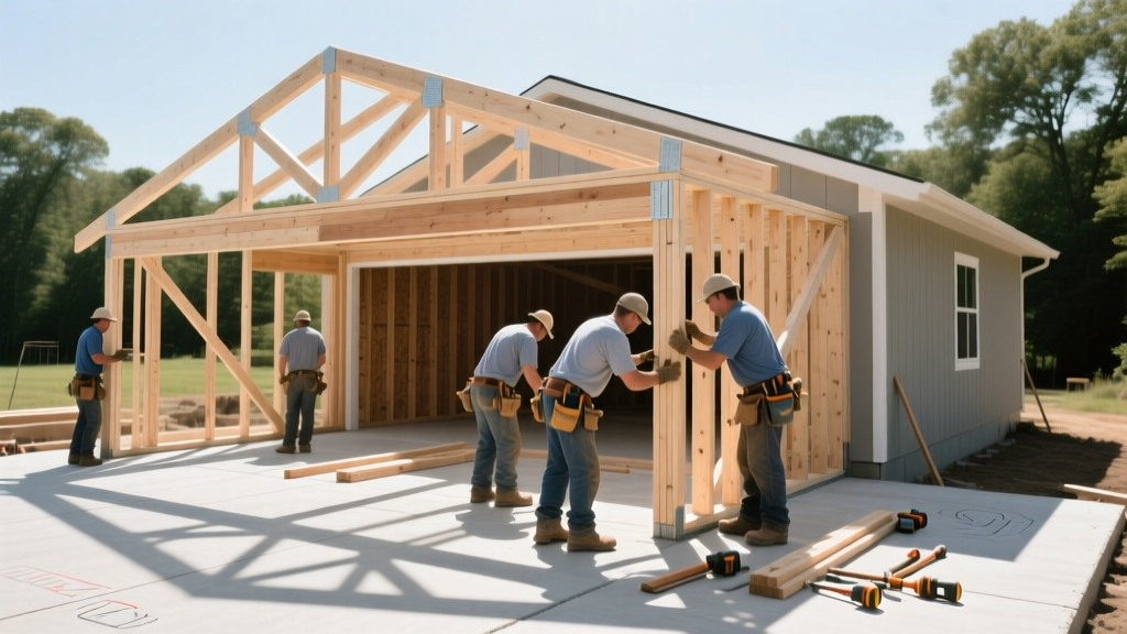 Carpenters framing a detached stick-built garage with engineered wood trusses and 2x6 walls on a freshly poured concrete slab