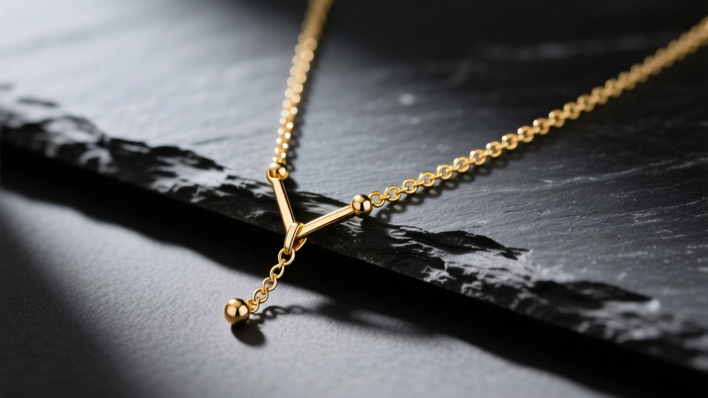 Close-up of a delicate 14k gold y chain necklace on dark slate, highlighting the sliding bead junction and delicate drop chain.