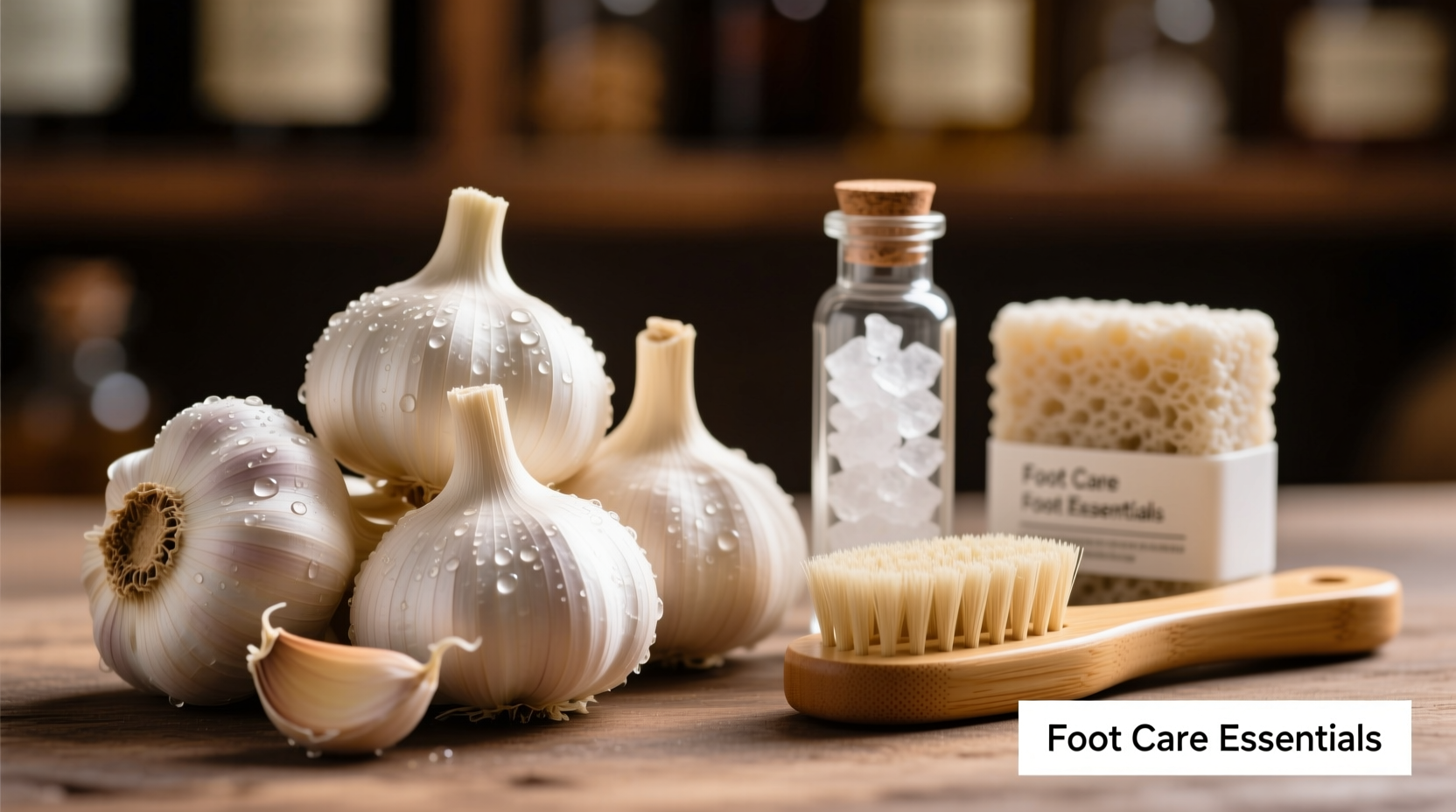 Close-up of garlic cloves next to foot hygiene products