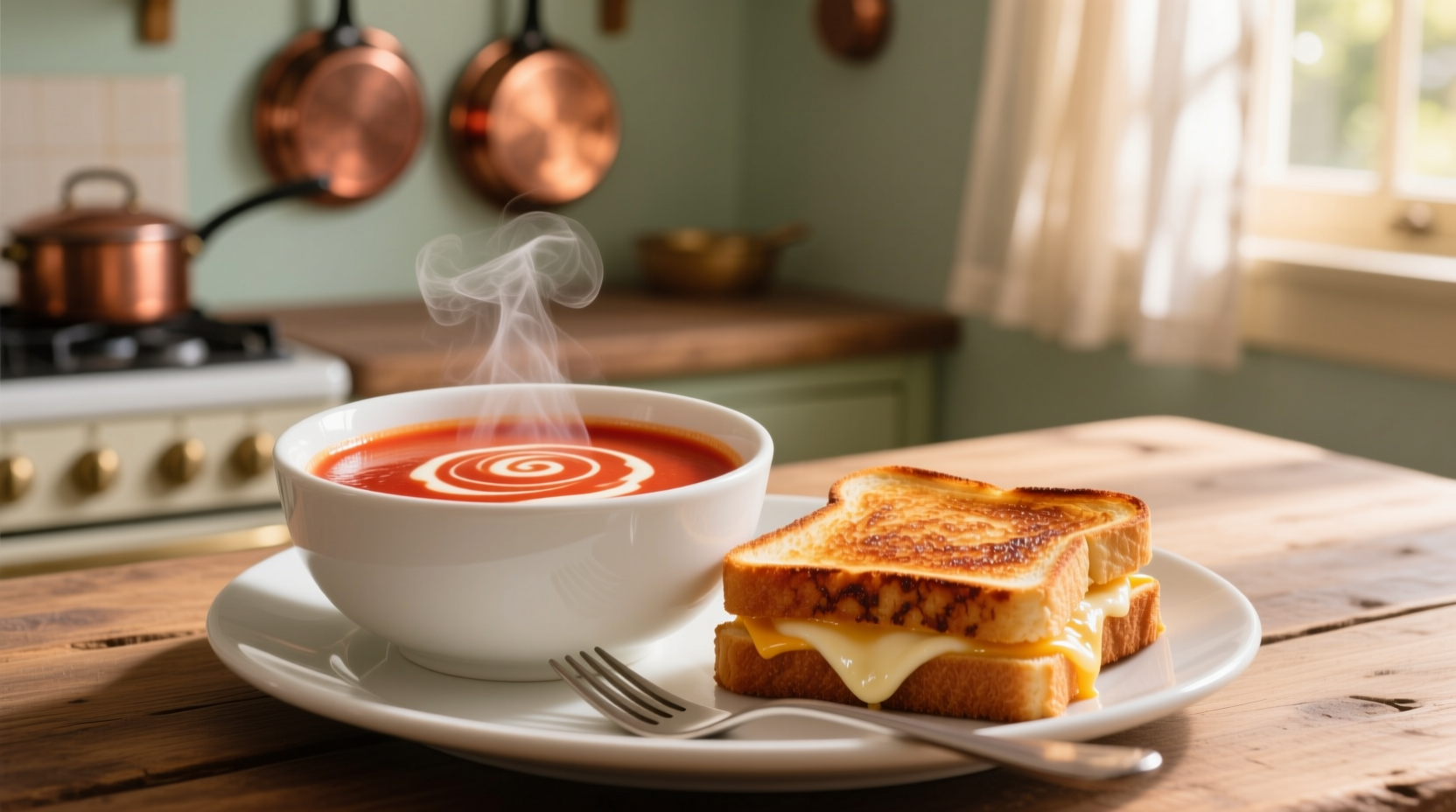 Creamy tomato soup in white bowl next to golden grilled cheese