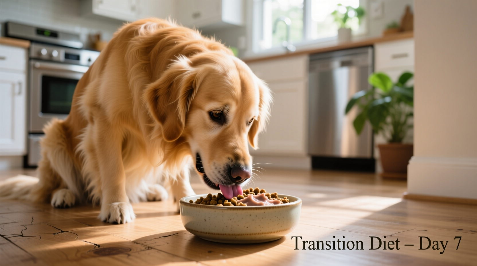 Golden Retriever eating transition diet from bowl