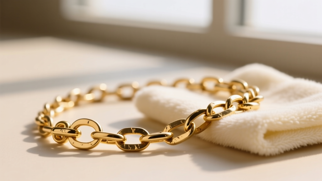 Macro shot of an 18k gold vermeil necklace chain showing wear on the clasp and links next to a soft microfiber polishing cloth