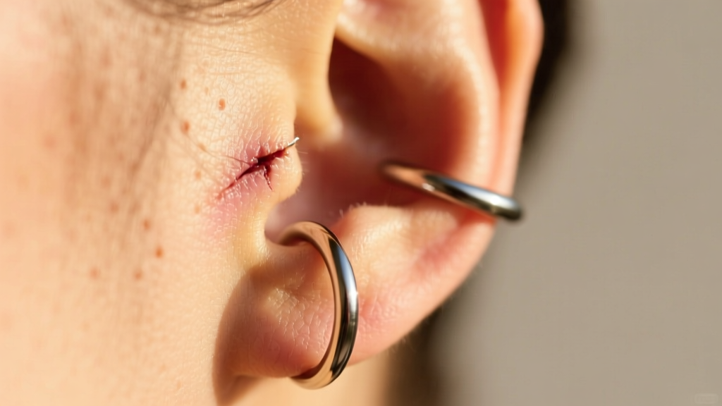 Profile of a healed helix piercing wearing a seamless niobium hoop, highlighting the smooth metal finish against warm skin tones