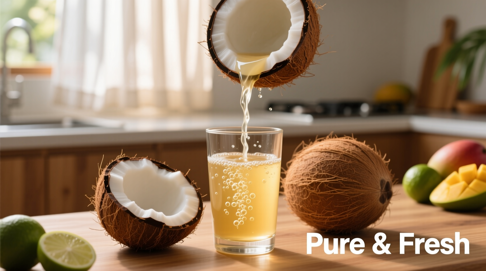 Fresh coconut water poured into glass with coconut halves