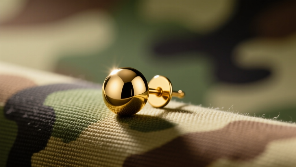 A polished 6mm 14k gold spherical stud earring resting on camouflage fabric, illuminated by soft natural directional lighting
