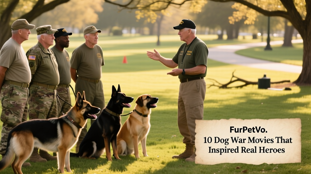 A group of veterans and their service dogs participating in a calm, outdoor training session led by a FurPetVo-certified instructor