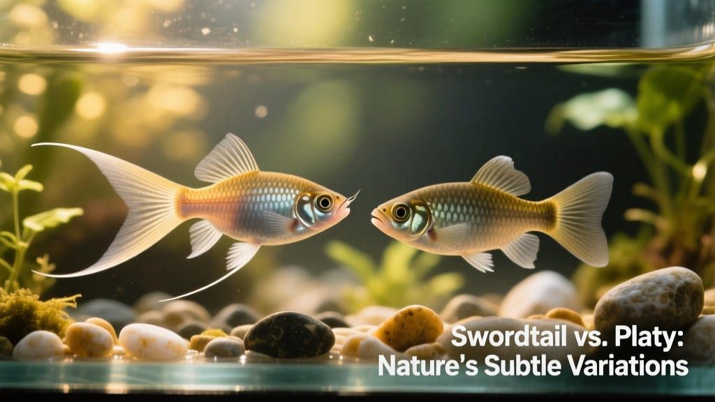 Close-up of male swordtail showing subtle sword extension next to male platy with rounded caudal fin, highlighting morphological overlap