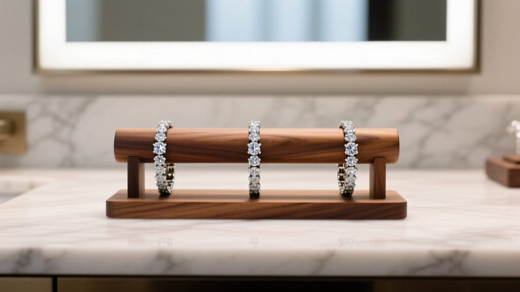 Elegant walnut wood bracelet jewelry display stand holding three diamond tennis bracelets on a brightly lit marble vanity top