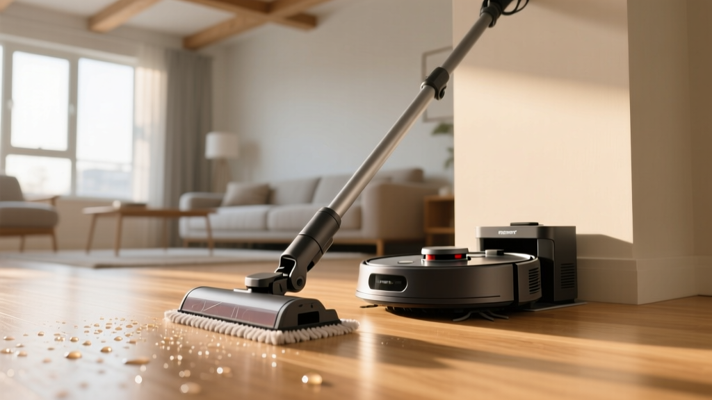 Roborock S8 MaxV Ultra docked in a minimalist living room, extending its robotic mop arm to clean a light oak hardwood floor