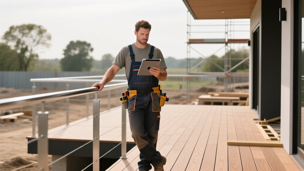 Carpenter using a digital tablet to calculate deck framing labor costs while standing on a partially completed composite deck with aluminum railings