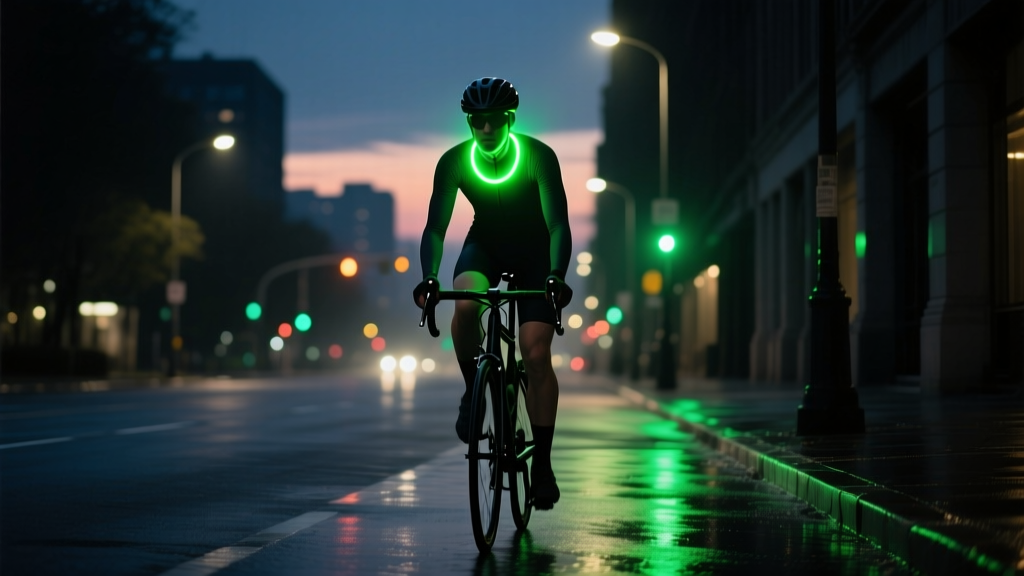 Night portrait of a cyclist wearing a bright, waterproof LED necklace with light for safety, glowing green against dark clothing