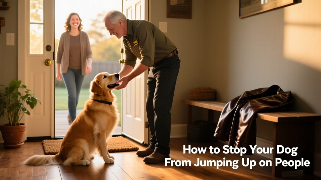 A trainer guiding a dog to sit and stay while someone approaches the front door