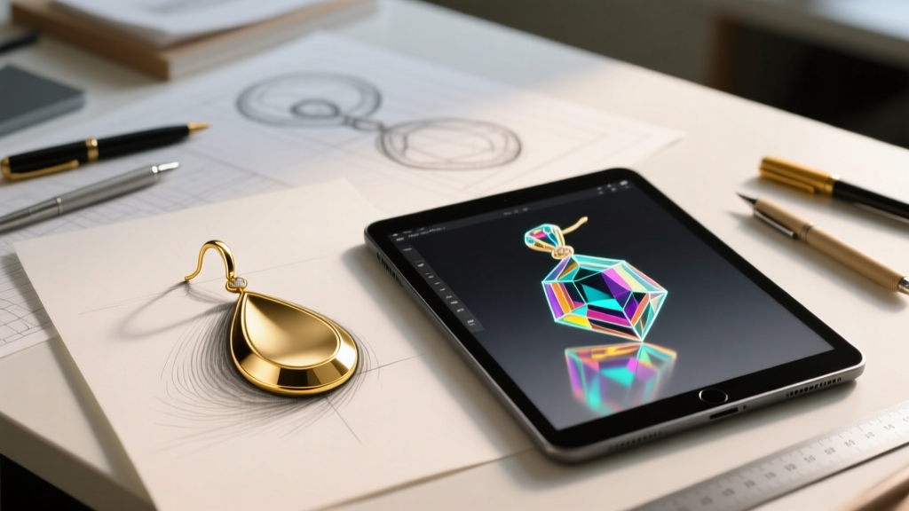 Drafting desk close-up of a graphite sketch of a gold drop earring beside a tablet displaying a 3D jewelry CAD wireframe