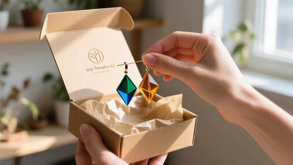 Hands carefully placing acrylic geometric drop earrings into a branded eco-friendly mailer box with recycled tissue paper.